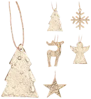 Set med sex juldekorationer i guldfärgad, texturerad metall: gran, snöflinga, ren, ängel och stjärna, alla med snöre för upphängning, perfekt för julpynt.