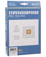 Förpackning med Clean Action dammsugarpåsar, kompatibla med Nilfisk och Wasco Clean modeller, vita påsar med brun pappkrage och runt hål i mitten.