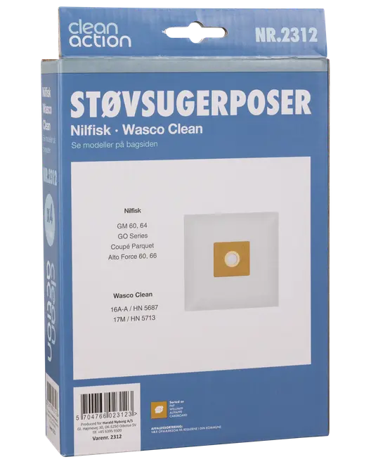 Förpackning med Clean Action dammsugarpåsar, kompatibla med Nilfisk och Wasco Clean modeller, vita påsar med brun pappkrage och runt hål i mitten.