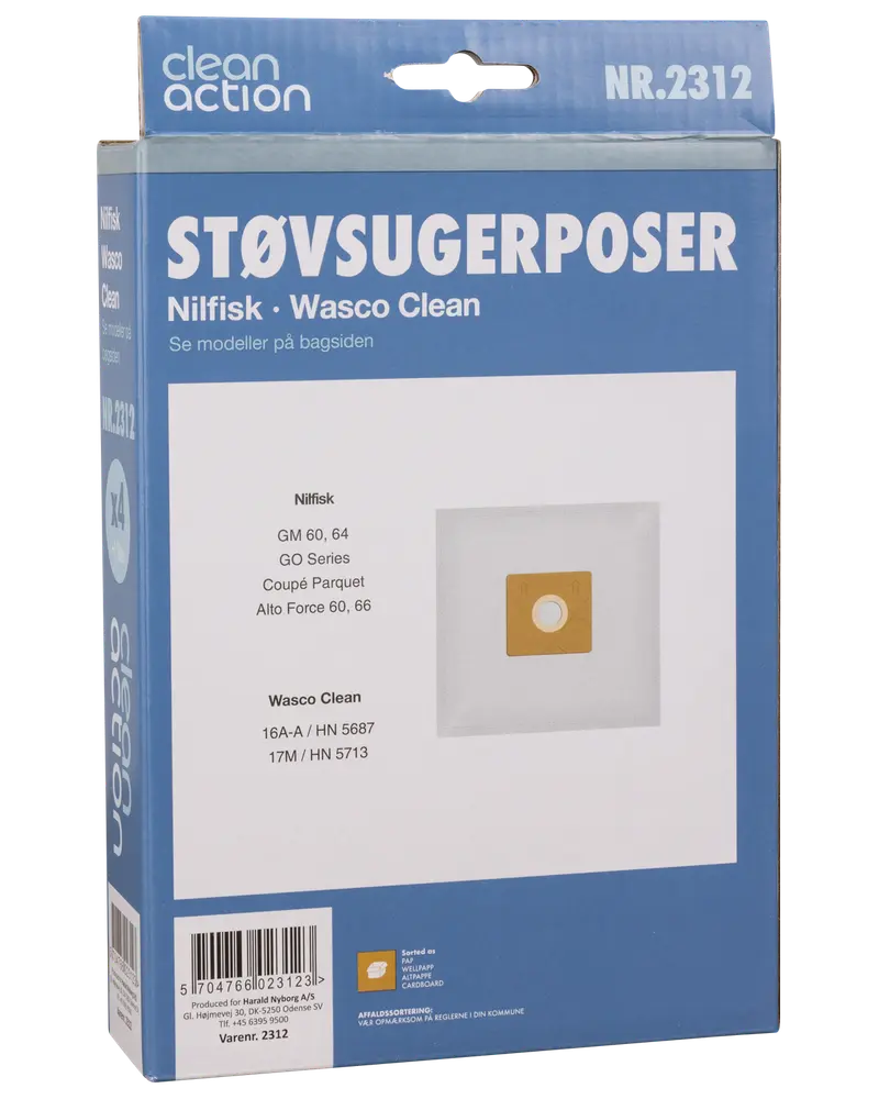 Förpackning med Clean Action dammsugarpåsar, kompatibla med Nilfisk och Wasco Clean modeller, vita påsar med brun pappkrage och runt hål i mitten.