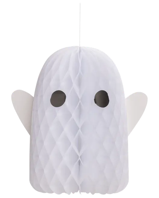 Hvidt papirspøgelse med bikubemønster, to sorte øjne, afrundet krop og sidevinger. Har en snor til ophæng, perfekt til Halloween eller temafester.