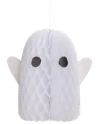 Hvidt papirspøgelse med bikubemønster, to sorte øjne, afrundet krop og sidevinger. Har en snor til ophæng, perfekt til Halloween eller temafester.