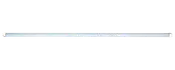 Slank hvid LED-lysbjælke med sølvfarvede endestykker, vist vandret.