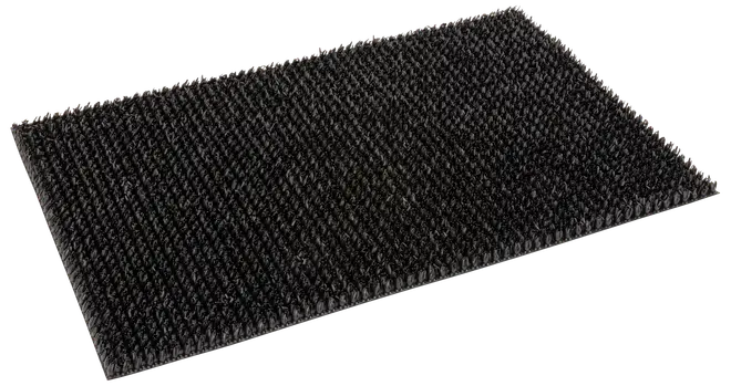 Rektangulær sort dørmåtte med grov, tekstureret overflade. Holdbart materiale til at fjerne snavs fra sko. Velegnet til indgange, nem at rengøre, skridsikker bagside.