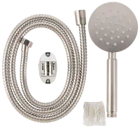 Håndbruser sæt i rustfrit stål med fleksibel slange, vægbeslag og monteringsdele. Rundt brusehoved med flere dyser for jævn vandfordeling.