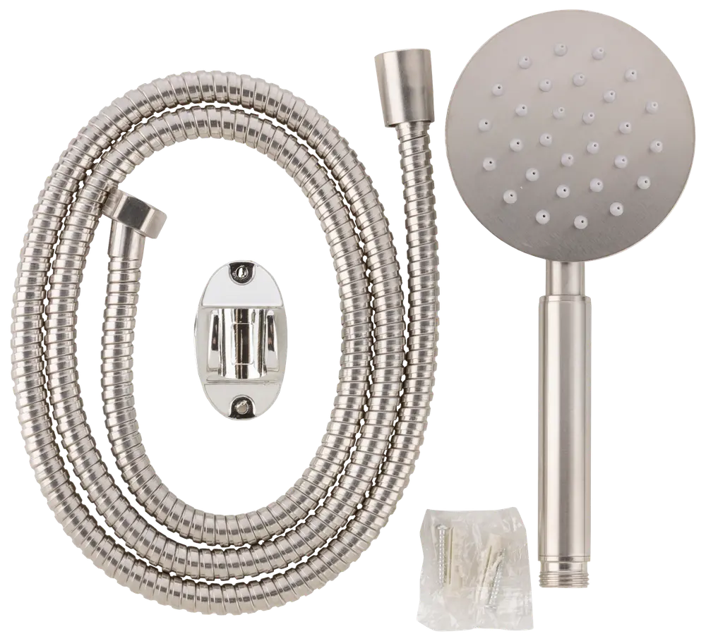 Håndbruser sæt i rustfrit stål med fleksibel slange, vægbeslag og monteringsdele. Rundt brusehoved med flere dyser for jævn vandfordeling.