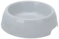 Hvid keramisk madskål til kæledyr med glat, blank overflade og diskrete prægede poteaftryk på siden. Runde kanter og bred bund for stabilitet.
