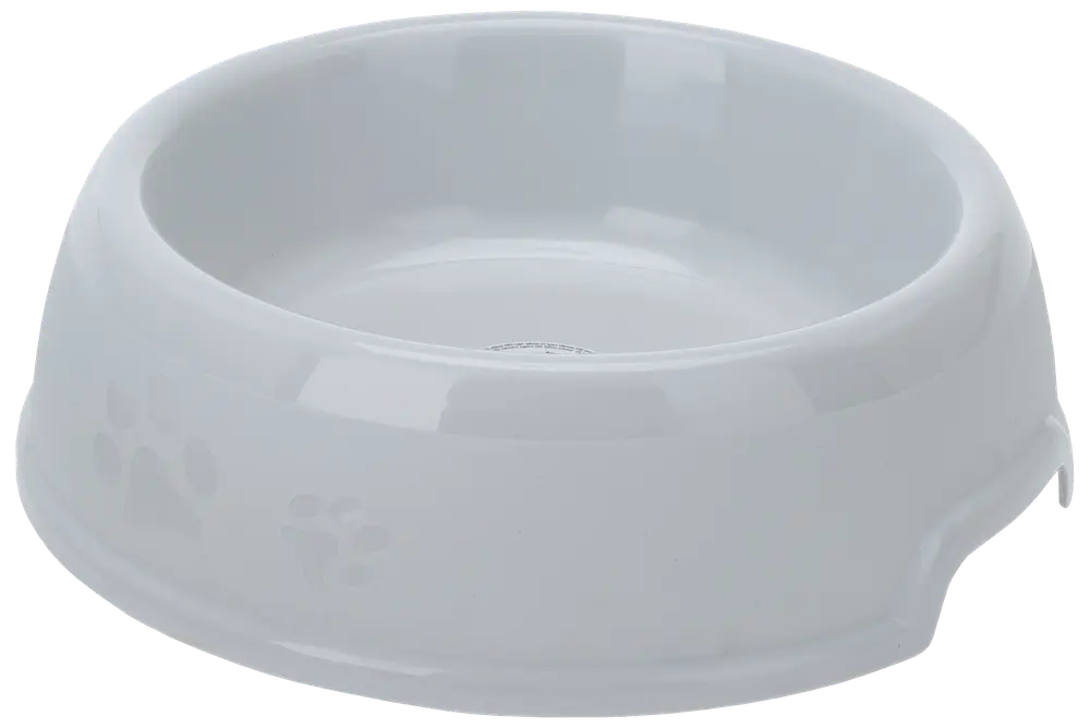 Hvid keramisk madskål til kæledyr med glat, blank overflade og diskrete prægede poteaftryk på siden. Runde kanter og bred bund for stabilitet.