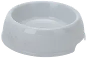 Hvid keramisk madskål til kæledyr med glat, blank overflade og diskrete prægede poteaftryk på siden. Runde kanter og bred bund for stabilitet.