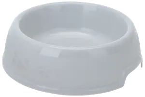 Hvid keramisk madskål til kæledyr med glat, blank overflade og diskrete prægede poteaftryk på siden. Runde kanter og bred bund for stabilitet.