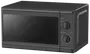 Svart mikrovågsugn med stor frontlucka, två vred för effekt och timer samt sidhandtag. Kompakt design, passar bra på köksbänken.