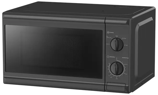 Svart mikrovågsugn med stor frontlucka, två vred för effekt och timer samt sidhandtag. Kompakt design, passar bra på köksbänken.