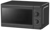 Svart mikrovågsugn med stor frontlucka, två vred för effekt och timer samt sidhandtag. Kompakt design, passar bra på köksbänken.