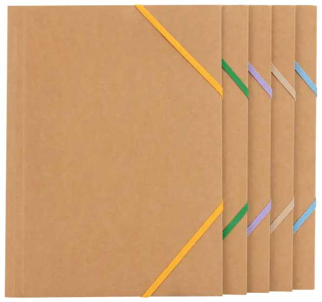Sæt med fem brune papmapper med diagonale elastikker i gul, grøn, lilla, beige og blå. Miljøvenligt design, perfekt til organisering af dokumenter.