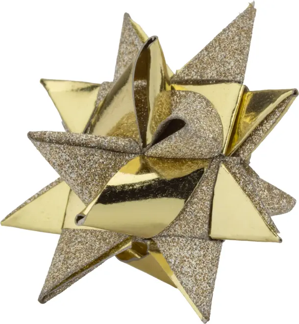 Guld gavebånd med både blankt metal og glitrende tekstur, stjerneformet design. Perfekt til dekoration af gaver og gaveæsker. Giver et festligt og elegant udtryk.
