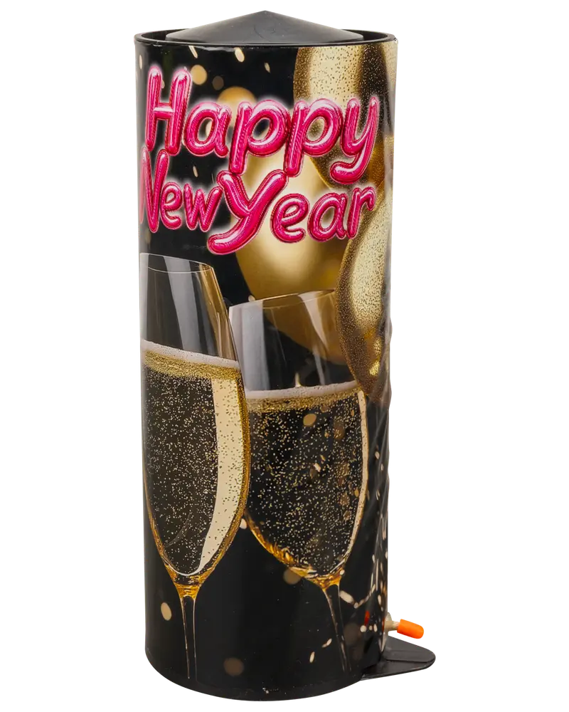 Cylindrisk fyrværkeri med teksten "Happy New Year", billeder af champagneglas og guld balloner på sort baggrund. Designet til nytårsfejring. Synlig lunte i bunden.