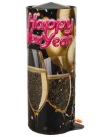 Cylindrisk fyrværkeri med sort og guld "Happy New Year" design, dekoreret med festhatte, konfetti og festlige motiver. Velegnet til nytårsfester.