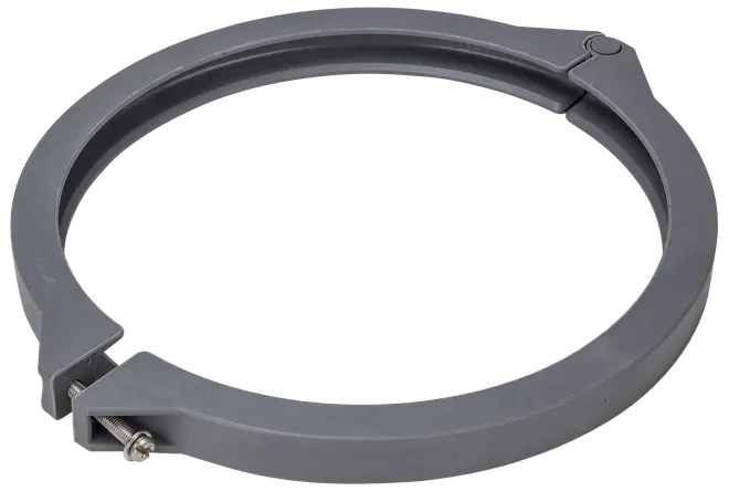 Grå plastbroderiram med metallskruv för åtdragning, rund form, håller tyg stadigt för broderi eller korsstygn. Hållbar och lätt att använda.