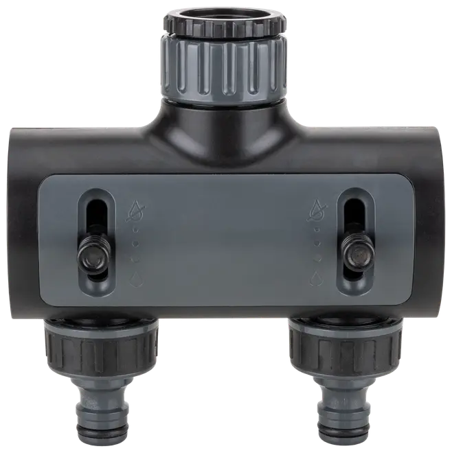 Havefordeler med to udgange, justerbare vandstrømskontroller, robust plastkonstruktion og gevindforbindelser til nem montering på udendørs vandhaner og slanger. Til effektiv vandfordeling.
