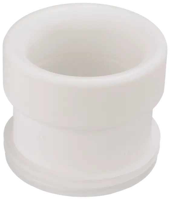 Vit plast rörreducerare, cylindrisk form med bred öppning i ena änden och smalare öppning i andra, används för att koppla rör med olika diameter.