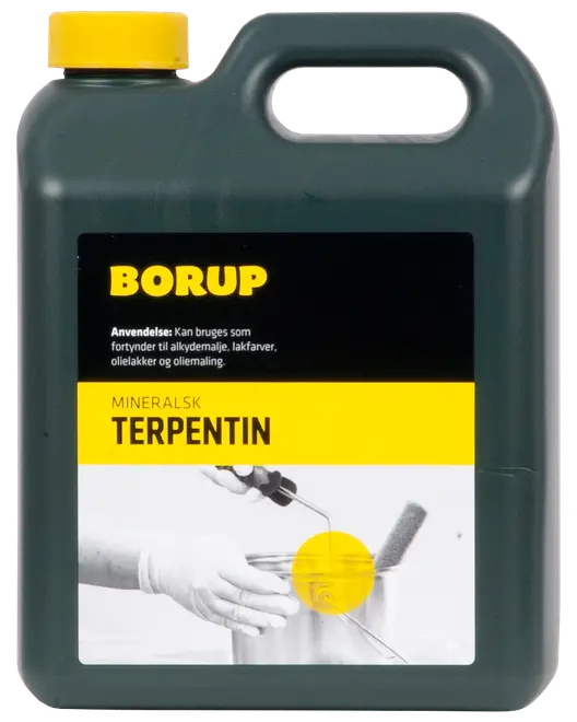 Borup mineralsk terpentin i mørk plastikdunk, 2,5L med gul låg. Anvendes til fortynding af alkydmaling, lakfarver, olielakker og oliemaling. Etiket med brugsanvisning og produktbillede.