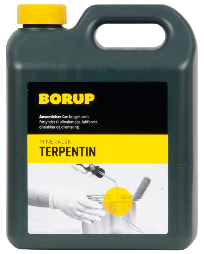 Borup mineralsk terpentin i mørk plastikdunk, 2,5L med gul låg. Anvendes til fortynding af alkydmaling, lakfarver, olielakker og oliemaling. Etiket med brugsanvisning og produktbillede.
