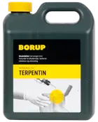 Borup mineralsk terpentin i mørk plastikdunk, 2,5L med gul låg. Anvendes til fortynding af alkydmaling, lakfarver, olielakker og oliemaling. Etiket med brugsanvisning og produktbillede.