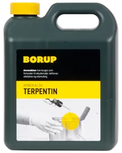 Borup mineralsk terpentin i mørk plastikdunk, 2,5L med gul låg. Anvendes til fortynding af alkydmaling, lakfarver, olielakker og oliemaling. Etiket med brugsanvisning og produktbillede.