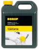 Grøn plastflaske med gul låg, Borup mineralsk terpentin. Anvendes som fortynder til alkydmaling, lakfarver og oliemaling. Forsideetiket med brugsanvisning og produktbillede.