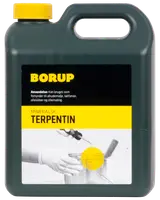 Grøn plastflaske med gul låg, Borup mineralsk terpentin. Anvendes som fortynder til alkydmaling, lakfarver og oliemaling. Forsideetiket med brugsanvisning og produktbillede.