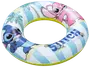 Oppustelig badering med blå og hvide striber, Stitch og Angel figurer, palmetræer og "Stitch" tekst. Fremstillet af holdbar plastik, ideel til pool eller strand.