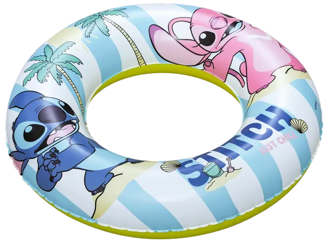 Oppustelig badering med blå og hvide striber, Stitch og Angel figurer, palmetræer og "Stitch" tekst. Fremstillet af holdbar plastik, ideel til pool eller strand.