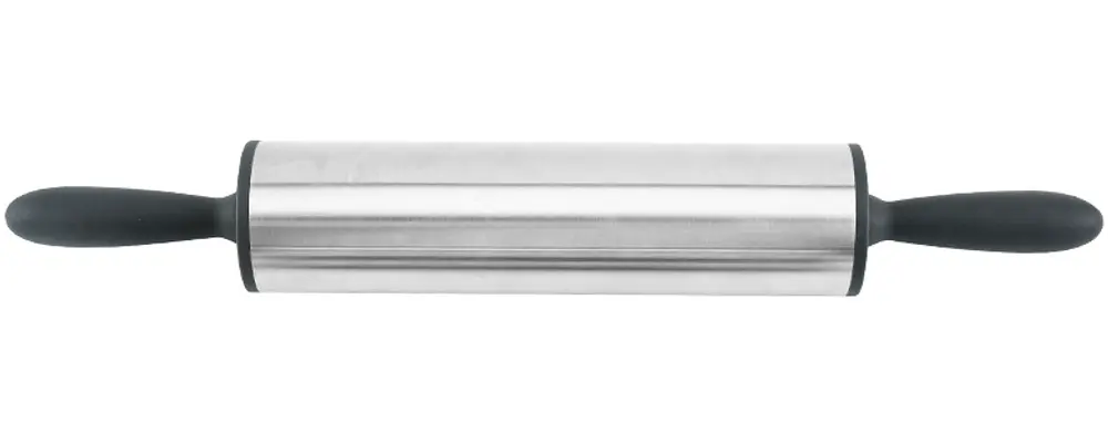 Kavel i rostfritt stål med svarta ergonomiska handtag på båda sidor. Hållbar, lätt att rengöra och perfekt för att kavla deg till bakning.