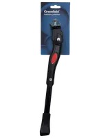 Justerbart sort cykelstøtteben med rød detalje, metalbeslag og bred gummifod. Leveres på Greenfield-mærket emballage. Passer til forskellige cykelstørrelser.