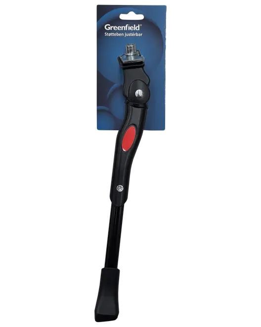 Justerbart sort cykelstøtteben med rød detalje, metalbeslag og bred gummifod. Leveres på Greenfield-mærket emballage. Passer til forskellige cykelstørrelser.