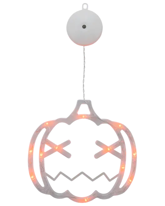 Hängande Halloween-dekoration formad som en pumpa med orange LED-lampor, sicksackmun och X-formade ögon. Batteridriven med vitt runt batteripaket och kedja.