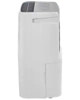 Vit portabel luftkonditionering med sidoventil, kontrollpanel upptill och nedre fack. Kompakt och modern design, passar hem eller kontor.