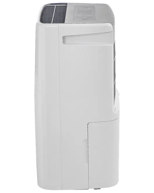 Vit portabel luftkonditionering med sidoventil, kontrollpanel upptill och nedre fack. Kompakt och modern design, passar hem eller kontor.