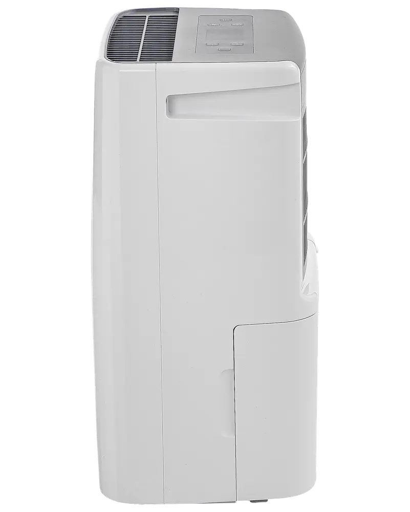 Vit portabel luftkonditionering med sidoventil, kontrollpanel upptill och nedre fack. Kompakt och modern design, passar hem eller kontor.