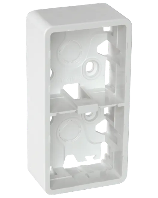 Hvid plast overflademonteret dåse til elinstallation, rektangulær form, plads til to moduler. Forborede kabelindgange og skruehuller til vægmontering. Velegnet til kontakter eller stikkontakter.