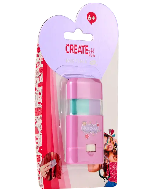 Create It! hårkridt til børn fra 6 år, pink plastbeholder med blå og lilla kridt, pakket i hjerteformet pap, nem at bruge til midlertidig hårfarvning.