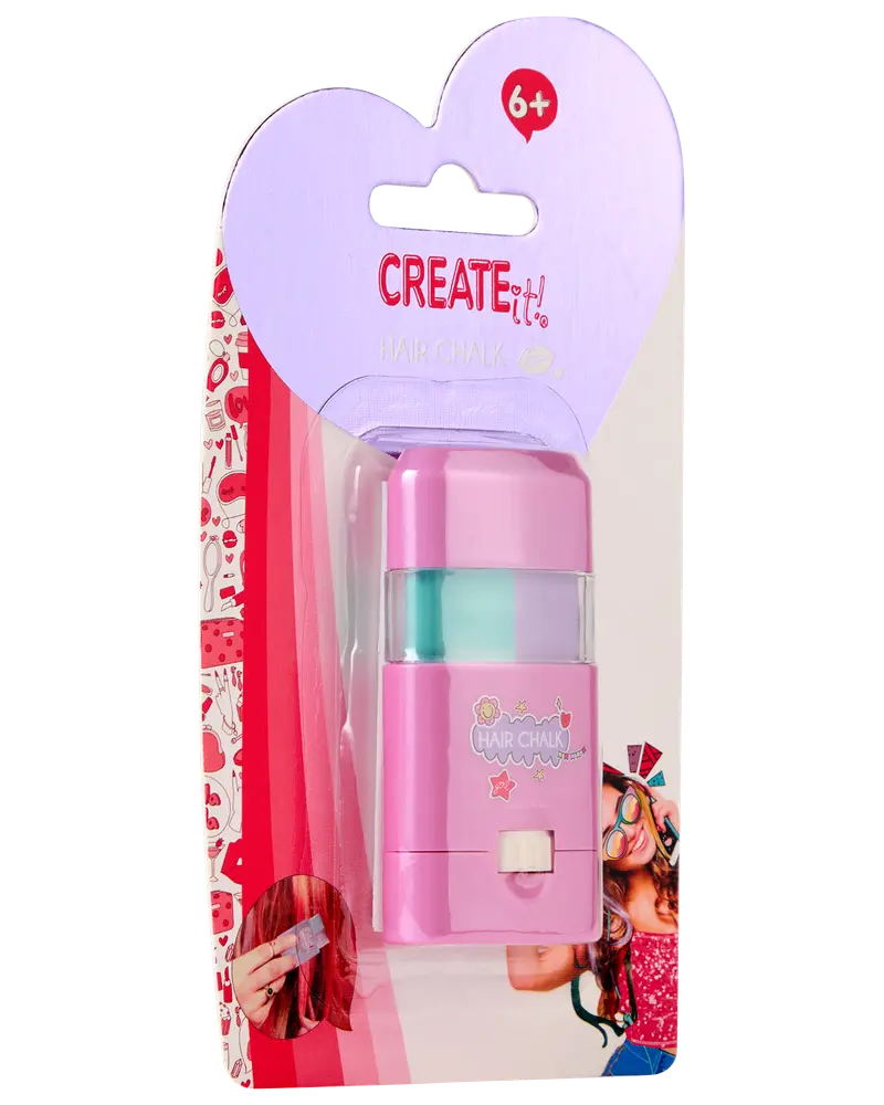 Create It! hårkridt til børn fra 6 år, pink plastbeholder med blå og lilla kridt, pakket i hjerteformet pap, nem at bruge til midlertidig hårfarvning.