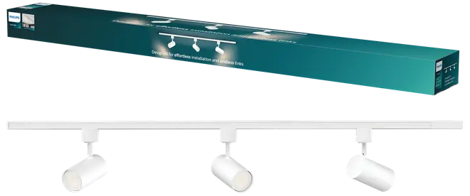 Hvidt skinnesystem med tre justerbare cylindriske spots, moderne design, velegnet til loftmontering. Inkluderer installationsskinne og leveres i rektangulær Philips-emballage.