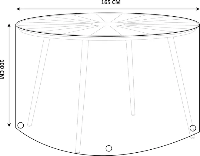 Rund bordovertræk, 165 cm bred og 100 cm høj, med forstærkede kanter og metaløjer til fastgørelse. Transparent omrids viser pasform over rundt bord.