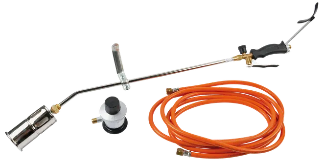 Propan ukrudtsbrænder sæt med metalbrænderhoved, langt håndtag, justerbar ventil, ergonomisk greb, regulator og 5 meter orange slange til tilslutning af gasflaske. Til udendørs ukrudtsbekæmpelse.