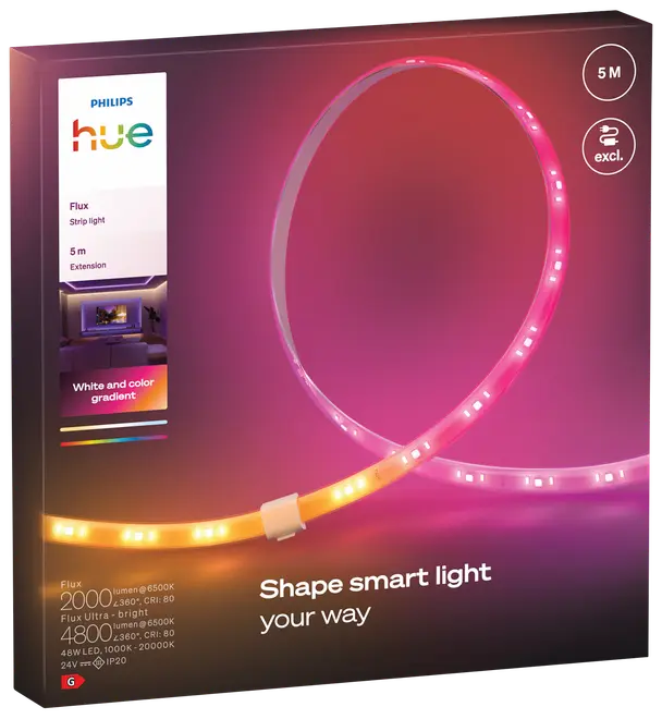 Philips Hue 5 meter smart LED-lysbånd, fleksibelt design, viser hvide og farvede gradienter, kan tilpasses belysning, kræver basispakke, nem at forme, ideel til hjemmeindretning.