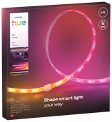 Philips Hue 5 meter smart LED-lysbånd, fleksibelt design, viser hvide og farvede gradienter, kan tilpasses belysning, kræver basispakke, nem at forme, ideel til hjemmeindretning.