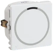 Hvid firkantet trykknap med grå cirkelmarkering og sort segment øverst, beregnet til vægmontering i elinstallationer, velegnet til moderne hjem eller kontor.