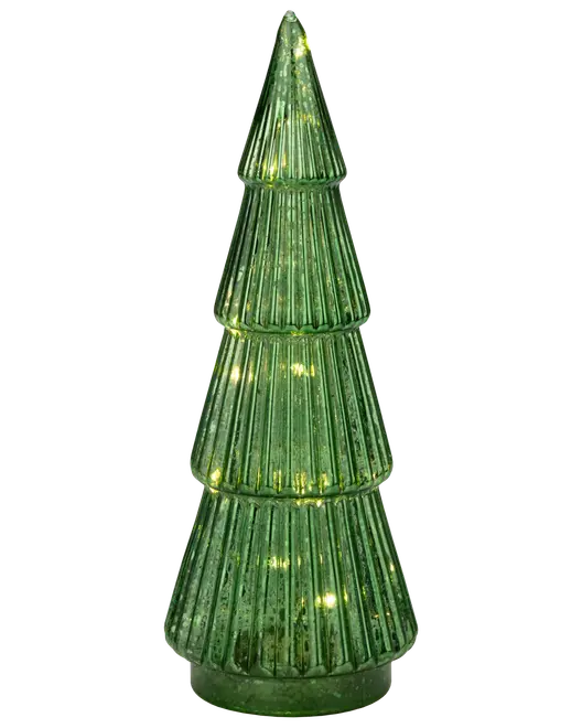Grønt glas juletræ med rillet overflade og indbyggede varme LED-lys, lagdelt design, batteridrevet, velegnet som bordpynt eller juledekoration i hjemmet.