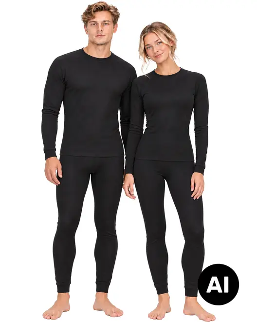Sort langærmet baselayer-sæt med tætsiddende trøjer og leggings, vist på mandlig og kvindelig model, velegnet til lag-på-lag. - Billedet er skabt med AI